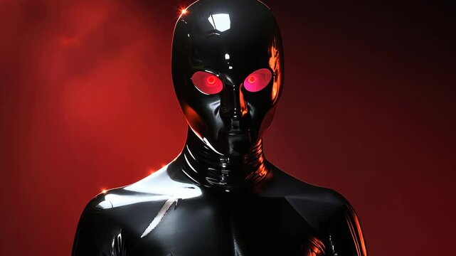 Latex fetish model posing with red glowing eyes