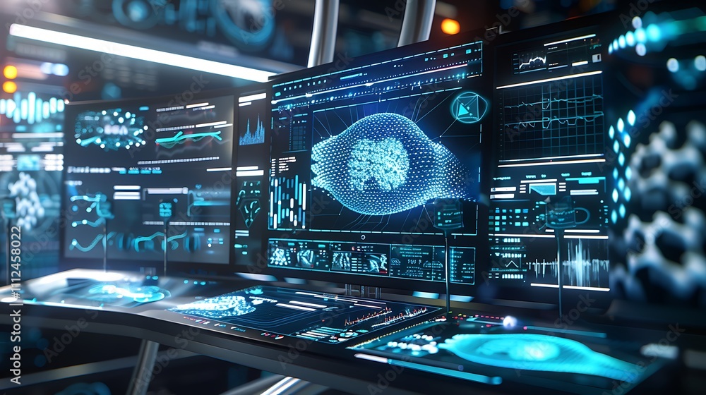 Poster a futuristic computer setup with multiple monitors displaying different aspects of neural pathways a