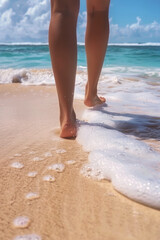 female feet on the sand at the beach Generative AI