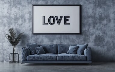 A minimalist living room featuring a large, blank picture frame on the wall, a light dark blue sofa, and black "LOVE" letters. 