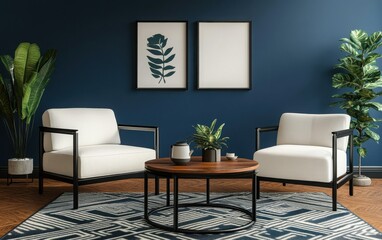 Obraz premium A modern Scandinavian living room with a dark blue wall and two empty black frame mockups, showcasing a wooden coffee table, a white armchair, black metal side tables