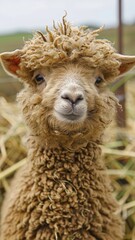 Obraz premium Unique brown ram with fluffy curls stands amidst straw in a serene farm setting during daylight
