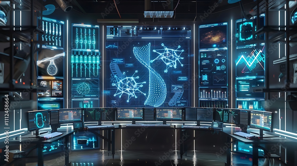 Poster a futuristic computer setup with multiple monitors displaying different aspects of neural pathways a