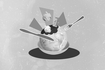 Creative collage picture of fork knife plate planet earth globe food paper trash isolated on...