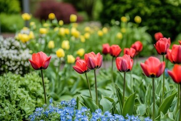 A vibrant garden featuring red tulips, yellow flowers, and greenery.