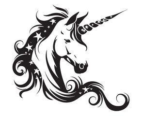 Obraz premium Mystical Unicorn Silhouette with Stars: An enchanting and elegant black and white illustration of a unicorn's head with a swirling mane and a horn adorned with stars, perfect for whimsical designs.