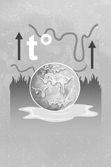 Vertical collage image of planet earth melting globe fire flame temperature growth isolated on painted background