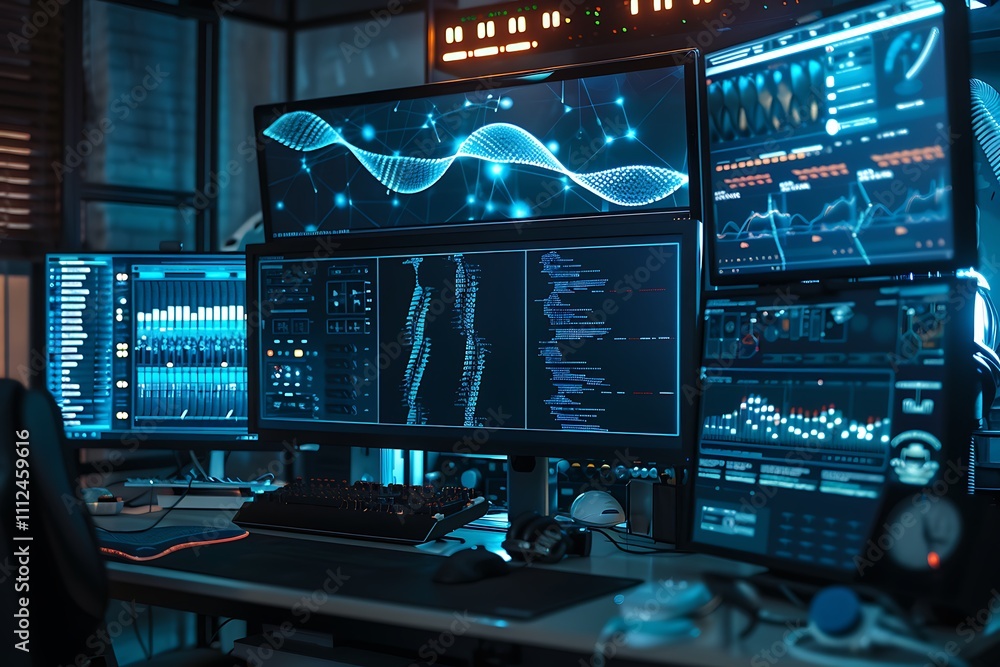 Poster a futuristic computer setup with multiple monitors displaying different aspects of neural pathways a