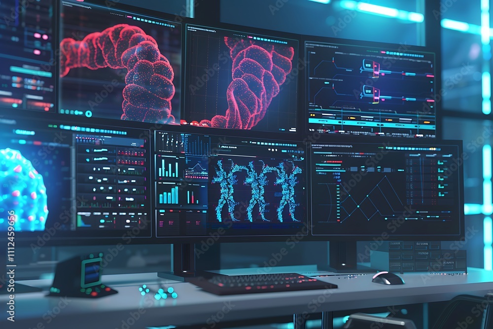 Poster a futuristic computer setup with multiple monitors displaying different aspects of neural pathways a