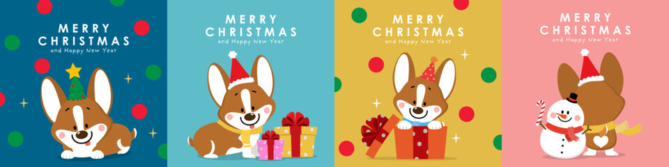 Merry Christmas and happy new year greeting card with cute corgi puppy dog in winter costumes. Animal holidays cartoon characters. -Vector