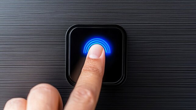 A close-up of a finger pressing a glowing blue fingerprint sensor on a sleek black device, highlighting modern technology's user interface.