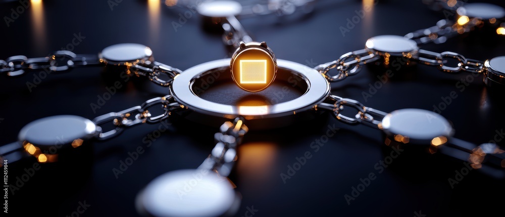 Poster a futuristic network featuring a central glowing lock connected to multiple nodes, symbolizing secur