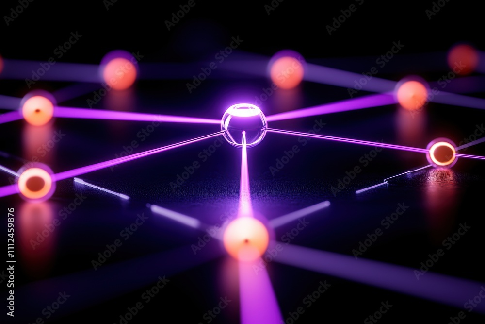 Poster a futuristic network of glowing nodes connected by vibrant lines, illustrating a digital or scientif