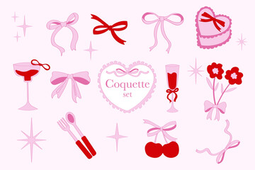 Pink Ribbon Coquette aesthetic hand drawn Food set
