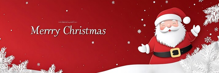 Vector Christmas Banner with Santa Claus in Paper Cut Style and Merry Christmas Text on a Red Background