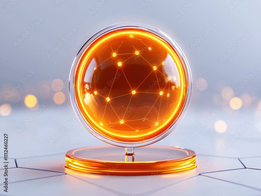 Poster a glowing orange sphere with interconnected lines, set on a reflective base, creates a futuristic an