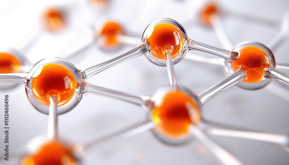 Poster a close-up view of interconnected molecular structures featuring orange spheres, illustrating concep