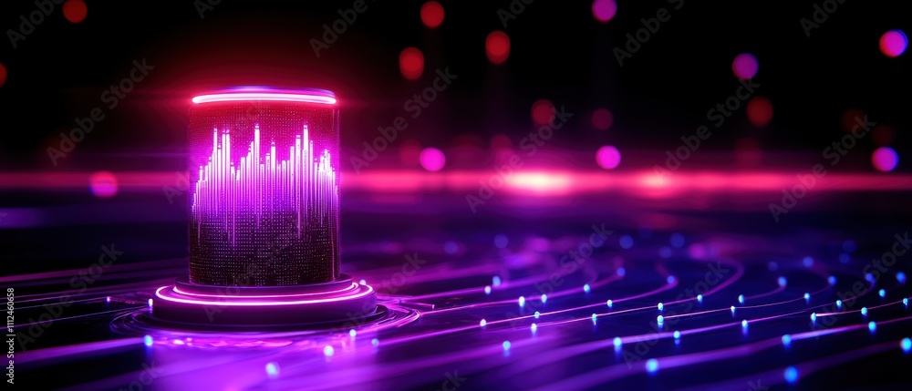 Poster a glowing cylindrical shape emits vibrant waves of light, creating an abstract digital landscape wit