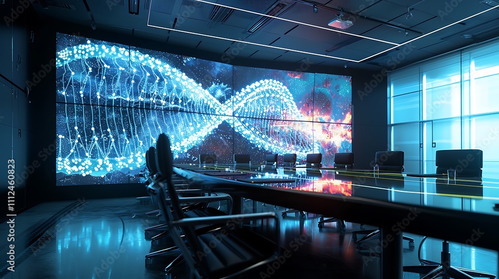 Poster a futuristic meeting room with a large screen showing a real-time 3d animation of neural signals and