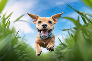 Joyful Puppy Running Through Grass 