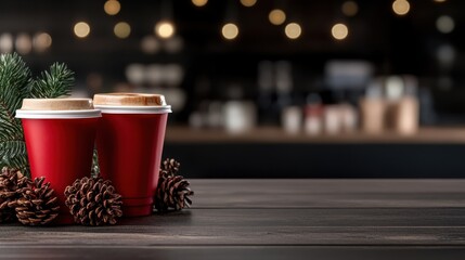 Two red cups set against a backdrop of warm café lighting are complemented by nearby pine cones and greenery, exuding a sense of rustic charm and holiday warmth.