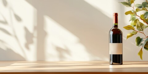 A bottle of red wine sits on a wooden table. Shadows of leaves appear on the wall, adding an artistic contrast. The serene scene invites relaxation and elegance.