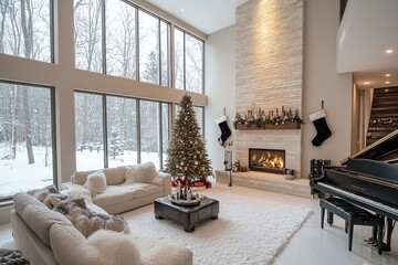 Modern Christmas living room with white carpet, large window, Christmas tree, fireplace, piano, baby grand piano, and black stockings.