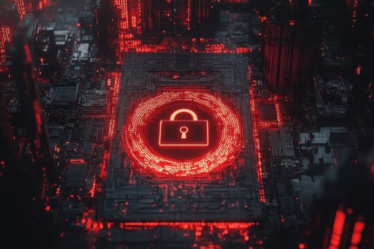 High-Tech Cybersecurity Illustration: Glowing Red Padlock Against Dark Network Background