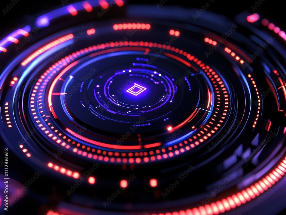 Poster a vibrant, futuristic digital interface featuring concentric circles of glowing lights in red and bl