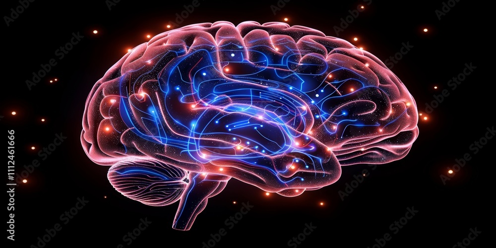 Poster intricate visualization of a human brain showcasing neuronal connections and electrical activity in 