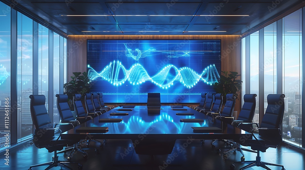 Poster a futuristic research facility with a large digital display showcasing a real-time simulation of neu