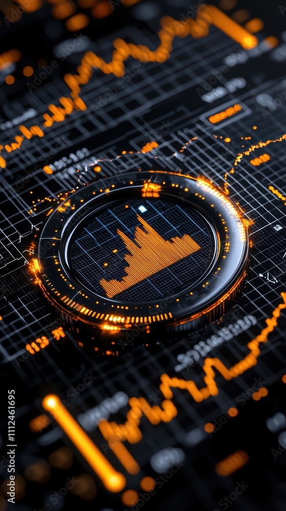 Poster a digital visualization of financial data, featuring illuminated graphs and a circular focus on a ba