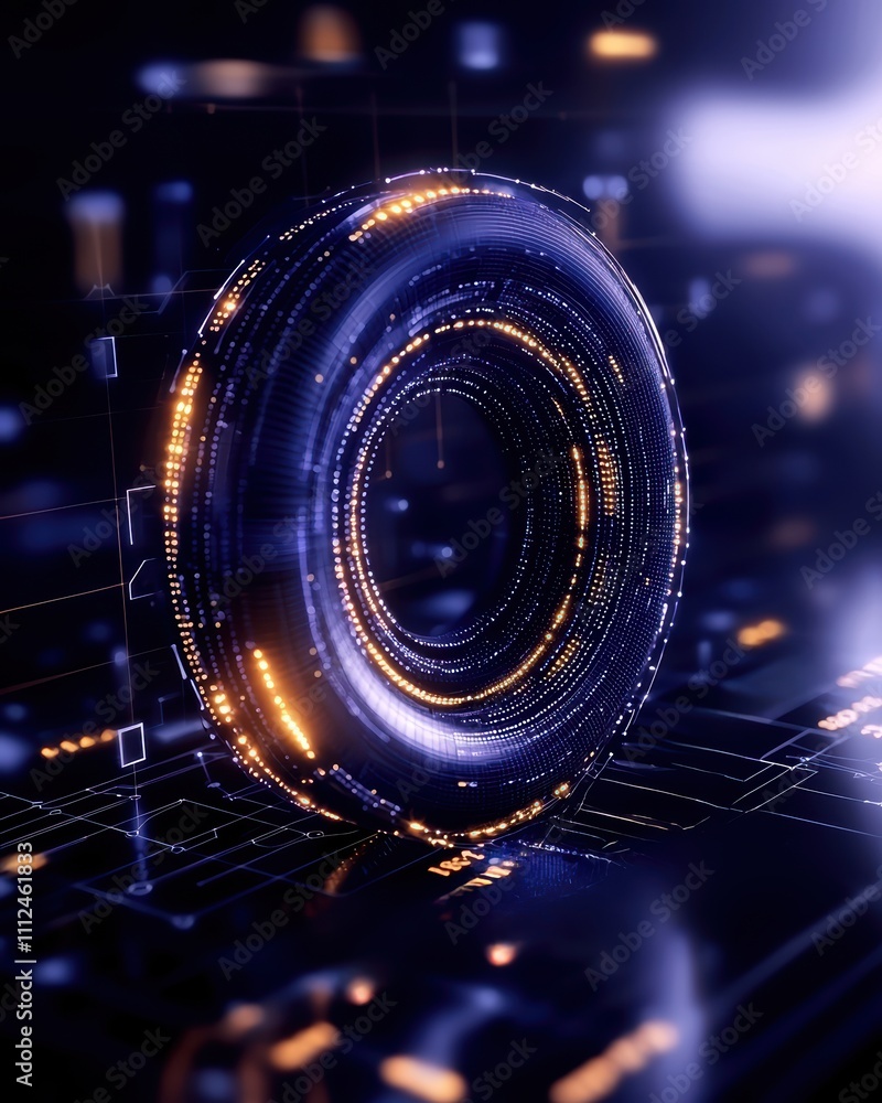 Poster a futuristic, glowing circular design with intricate patterns and glowing elements against a dark, d