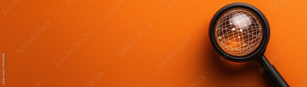 Poster a close-up of a magnifying glass reflecting bubbles on an orange background, creating an intriguing 