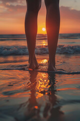 female feet on the sand at the beach Generative AI