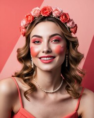 Naklejka premium Cheerful Woman in Pink and Coral with Flower Crown and Bold Makeup