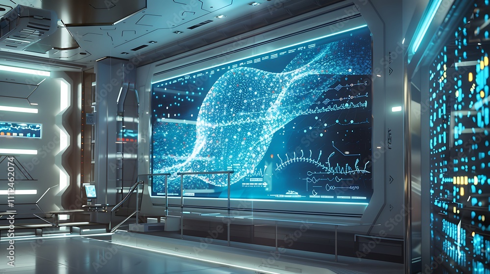 Poster a futuristic research facility with a large digital display showcasing a real-time simulation of neu