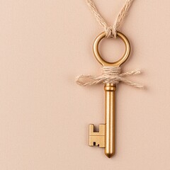 A golden key tied with a twine loop, resting against a neutral background, symbolizing access, security, and unlocking potential.