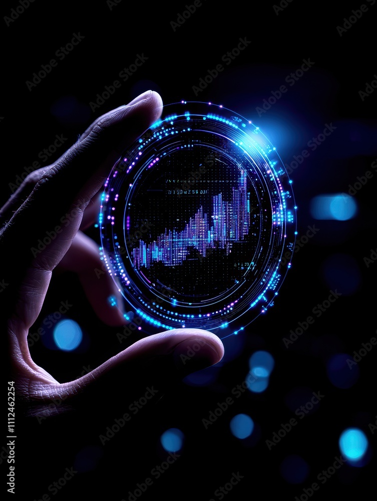 Aufkleber a hand holds a glowing, futuristic sphere displaying digital data and graphs against a dark backgrou