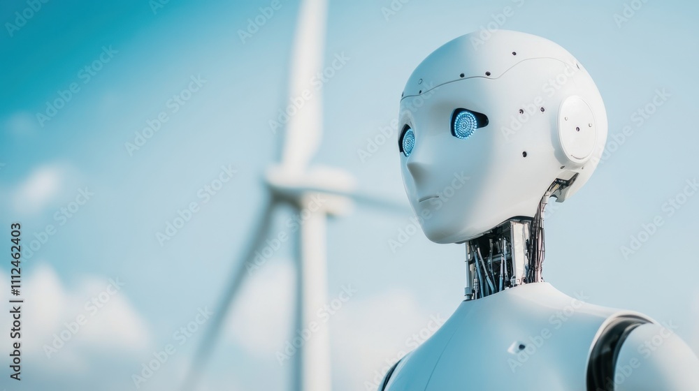 Poster a futuristic robot stands against a backdrop of wind turbines, symbolizing the intersection of techn