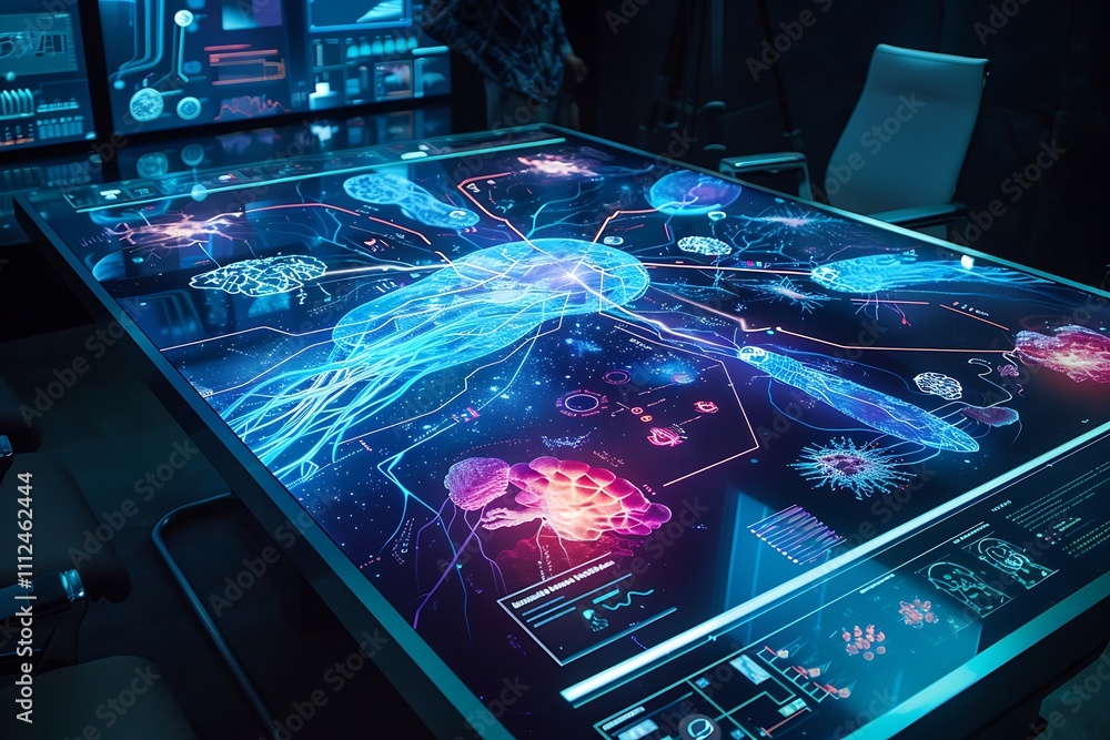 Poster a futuristic workspace with a large touchscreen table displaying interactive diagrams of neuron path