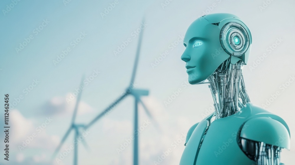 Poster a futuristic robot stands in front of wind turbines, symbolizing the intersection of technology and 