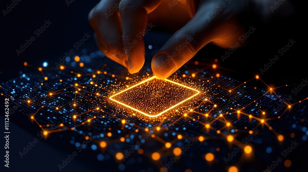 Poster a hand interacts with a glowing, digital square on a network of illuminated points, symbolizing tech