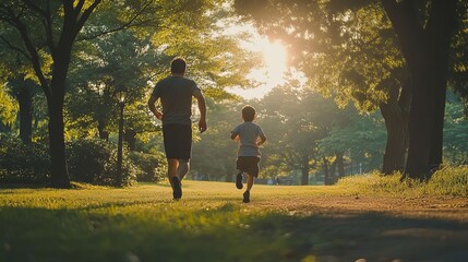 Obraz premium A father and his sons running in the park, captured from behind with their backs to us. They have black jackets on. The photo was taken during golden hour, warm tones of orange and yellow.