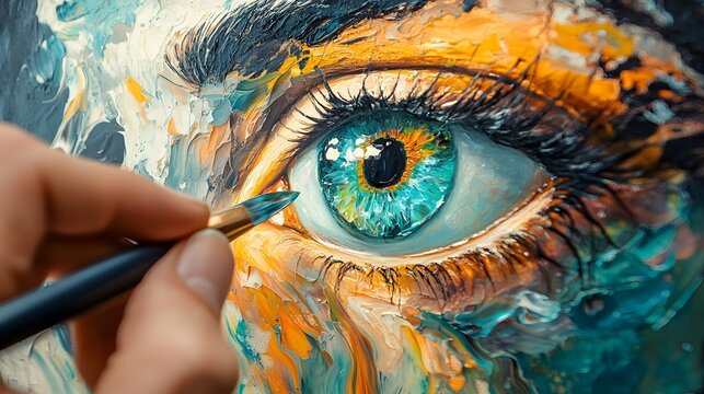 Artist paints a vibrant teal and orange eye