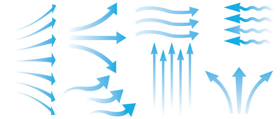 Air flow. Blue arrows showing direction of air movement. Wind direction arrows. Ventilation home fresh, hot or cold from fan or air conditioner wind direction.