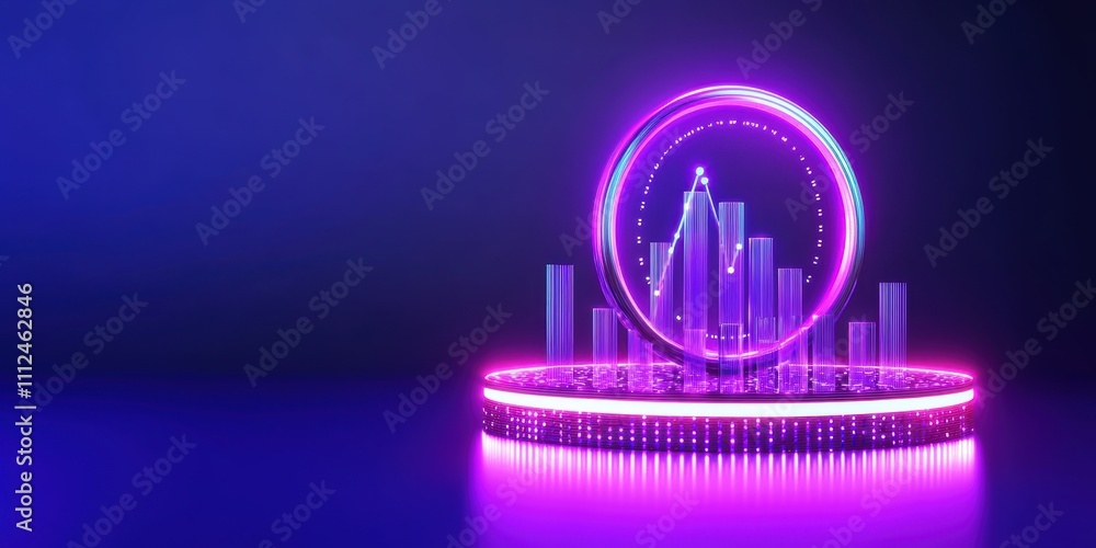 Poster a futuristic visualization featuring vibrant purple and blue hues, showcasing a circular graph with 