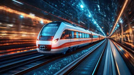 Fototapeta premium A high-speed train travels through a tunnel with blurred lights and digital elements.
