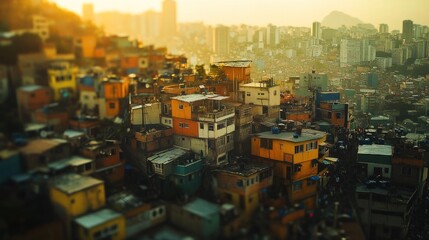 A vibrant urban landscape showcasing densely packed houses on a hillside at sunset.