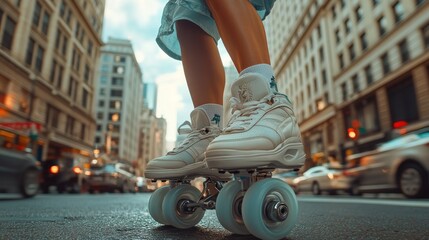 A close-up of roller skates on a city street, capturing urban leisure and movement.